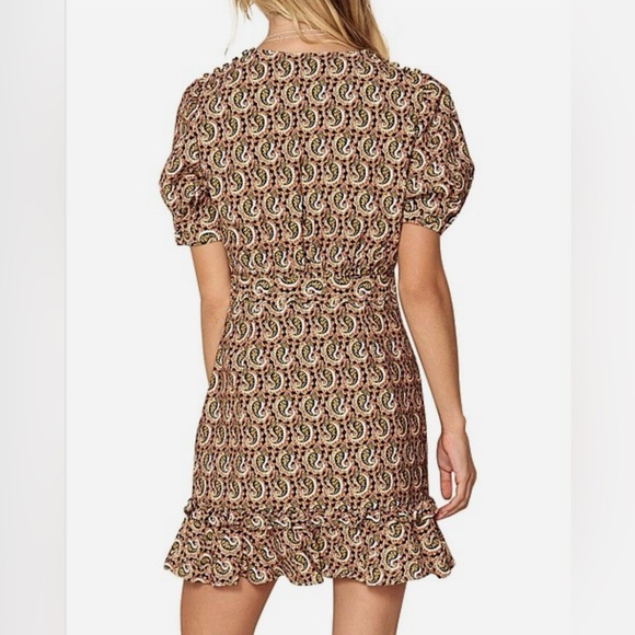 THE EAST ORDER Rust and black paisley deep V ruffle hem mini dress size L - Picture 3 of 16